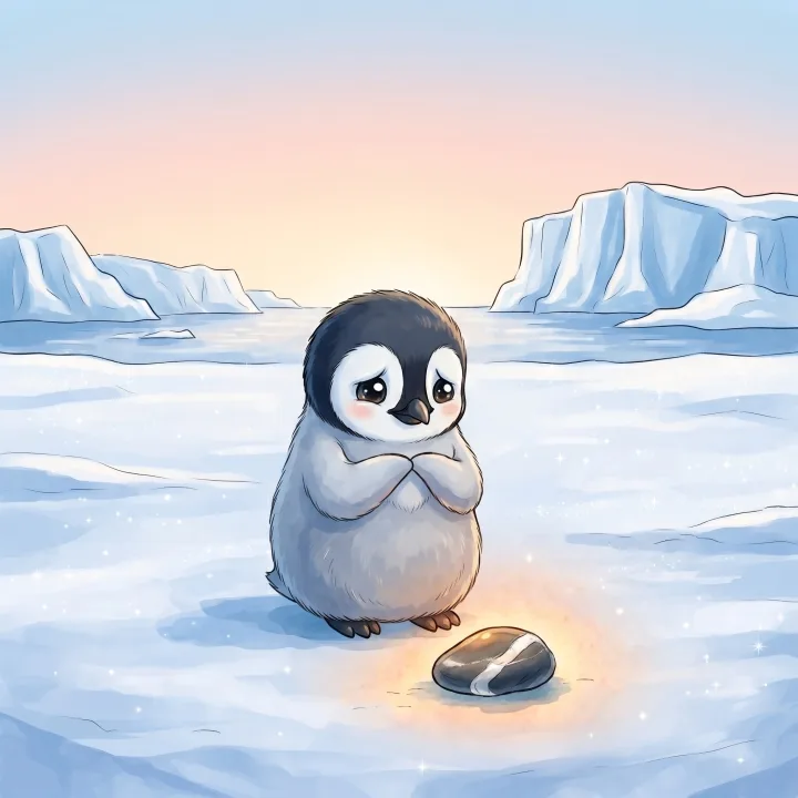Tužni Pingi stoji pokraj kamenčića - ilustracija iz slikovnice