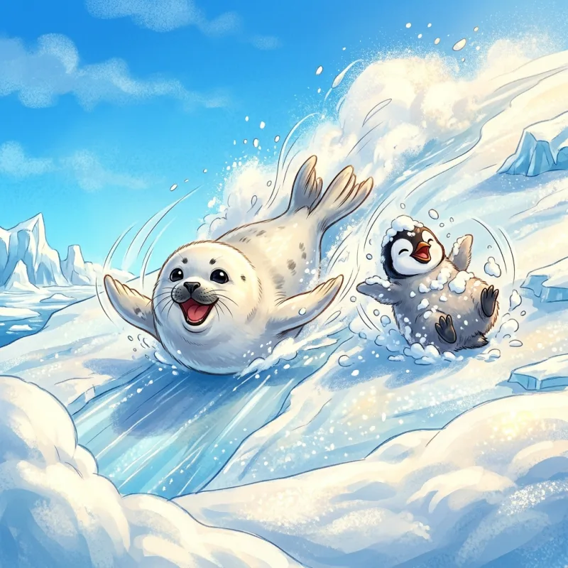 Pingi se s tuljanom kliže po ledu - ilustracija iz slikovnice