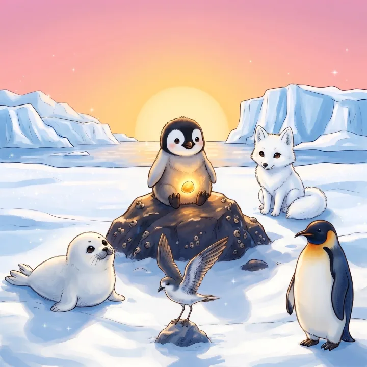 Pingi i prijatelji gledaju zalazak sunca - ilustracija iz slikovnice
