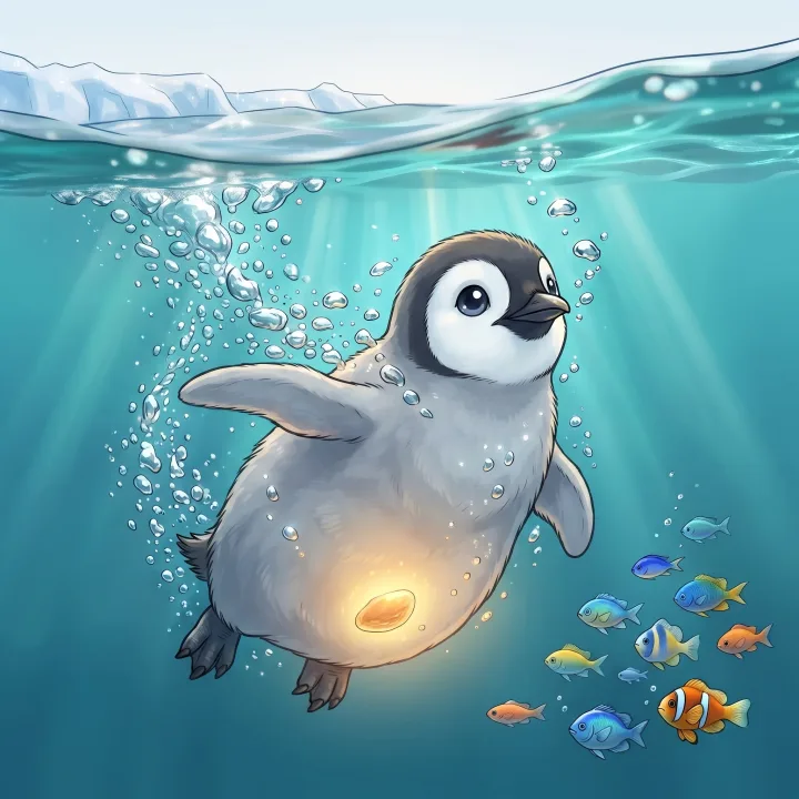 Pingi pliva pod vodom sa svjetlećim kamenčićem - ilustracija iz slikovnice